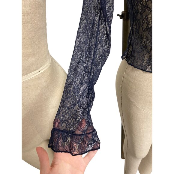 Zara Navy Lace Ruffle Long Sleeve Blouse S - Picture 5 of 10
